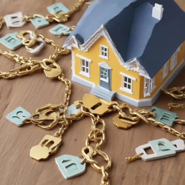 Golden mortgage deed forming a property chain, symbolizing real estate liens ensuring collateral security