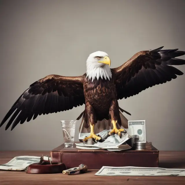 An eagle, symbolizing the government, stands watch over a table filled with assets, emphasizing the impact of tax liens and seizure.