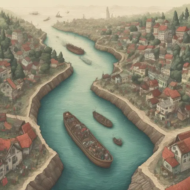 A person in a boat on a river, passing through various stages of life with government policies and social safety nets influencing the waters around them