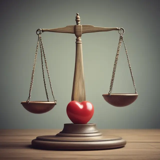 Life tenant holding a heart symbolizing their interests, balanced on a scale against the interests of a potential remainderman in estate planning.