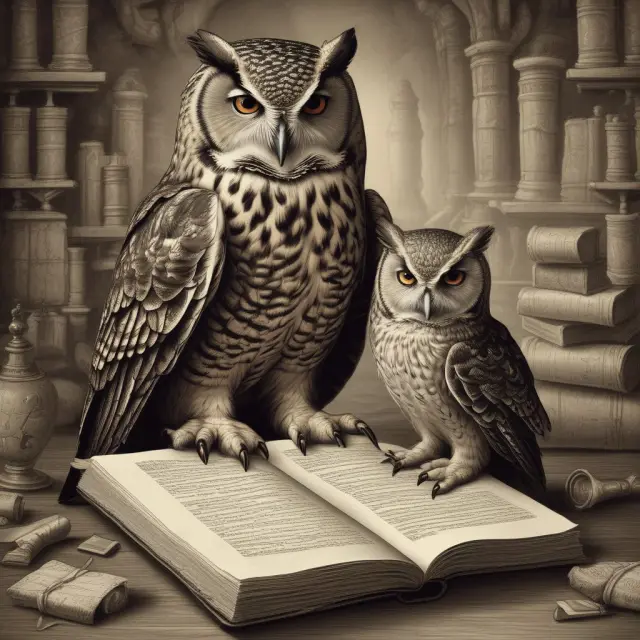 An owl, symbolizing wisdom, consults with a lawyer for guidance on creating a life estate.