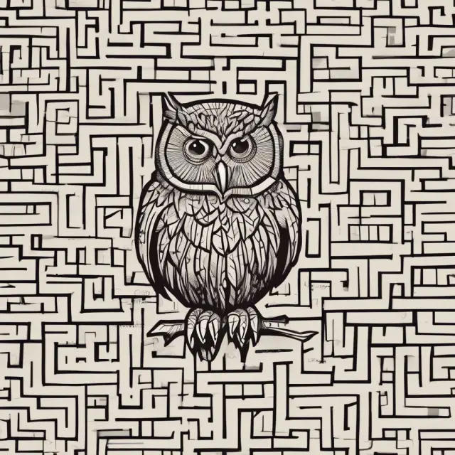 An owl wisely guiding a hand reaching for a portfolio, with various asset classes represented as maze walls in the background