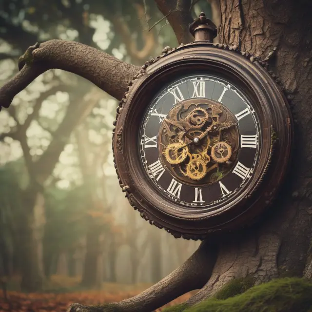 Vintage clock with shifting gears representing automatic adjustments in a life-cycle fund, growing on an aging tree symbolizing retirement.