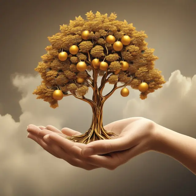 A golden hand symbolically trading a life insurance policy for a fruitful tree representing the diverse returns from investing in life settlements