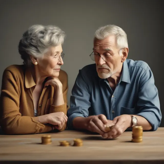 An older couple contemplates the choice between two gold coins, one labeled 