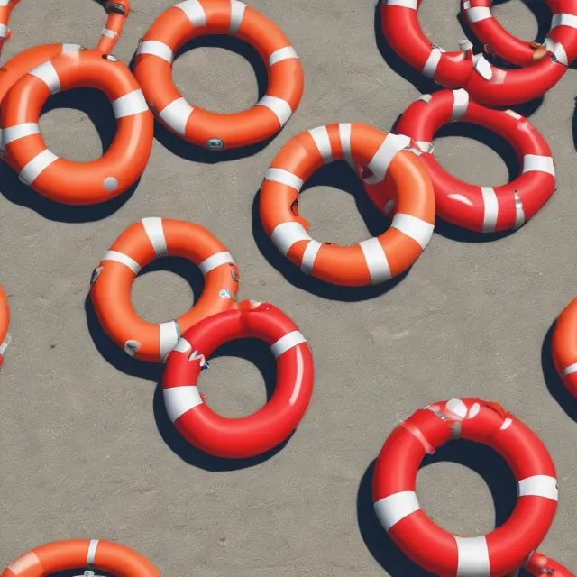 Five lifebuoys in a tranquil sea represent the various types of life annuities: fixed, variable, guaranteed, joint, and QLAC.