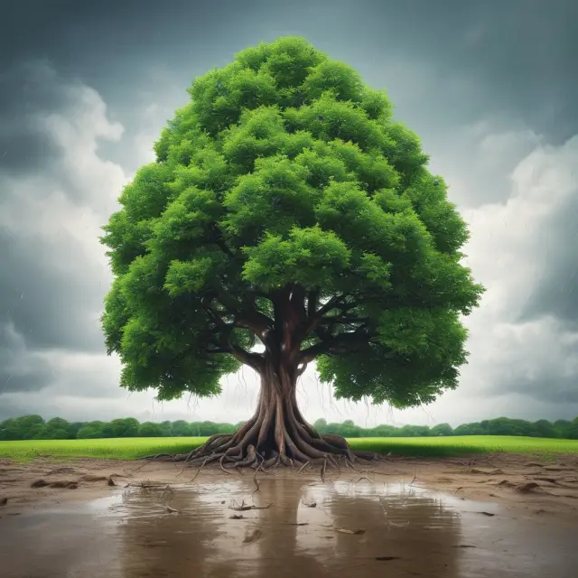 Image: A tree growing tall with raindrops representing investments and leaves symbolizing growth as a result of marketing efforts.