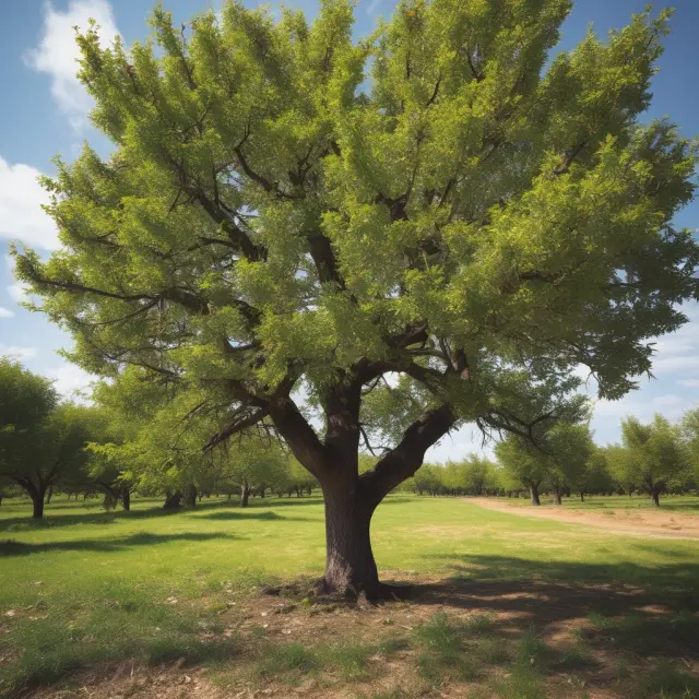 Seasoned tree shedding leaves amidst a thriving orchard, representing maturity stage