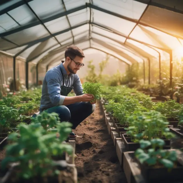 An entrepreneur tending a seedling business model amongst blossoming research and development (R&D) ideas