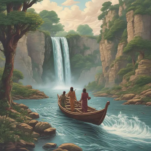 An elderly couple navigating a winding river with a waterfall signifying the passage of life expectancy in the background