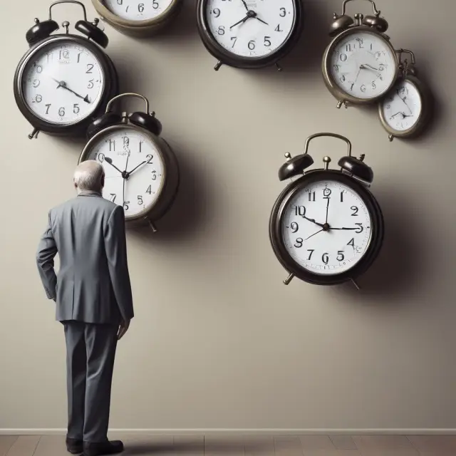Person standing on a timeline balancing between two clocks - one for retirement age and another for life expectancy