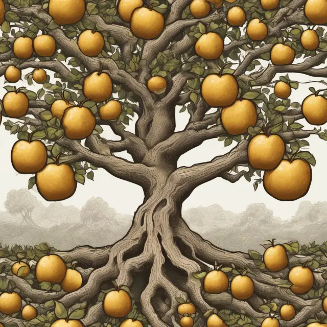 An elder tree adorned with golden apples symbolizes longevity, while its intricately interconnected roots represent healthcare, retirement planning, and estate planning branches