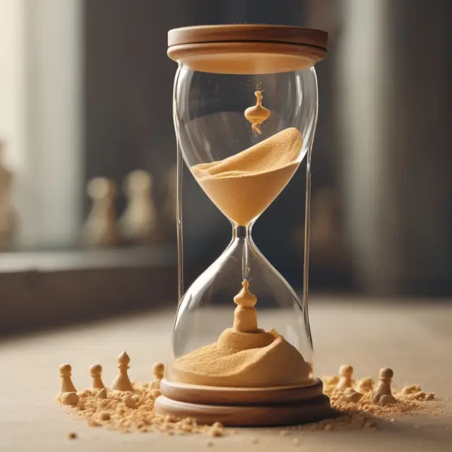 Golden hourglass pouring sand onto a chessboard: Life expectancy influencing employee benefits through health insurance, pensions, and disability coverage.