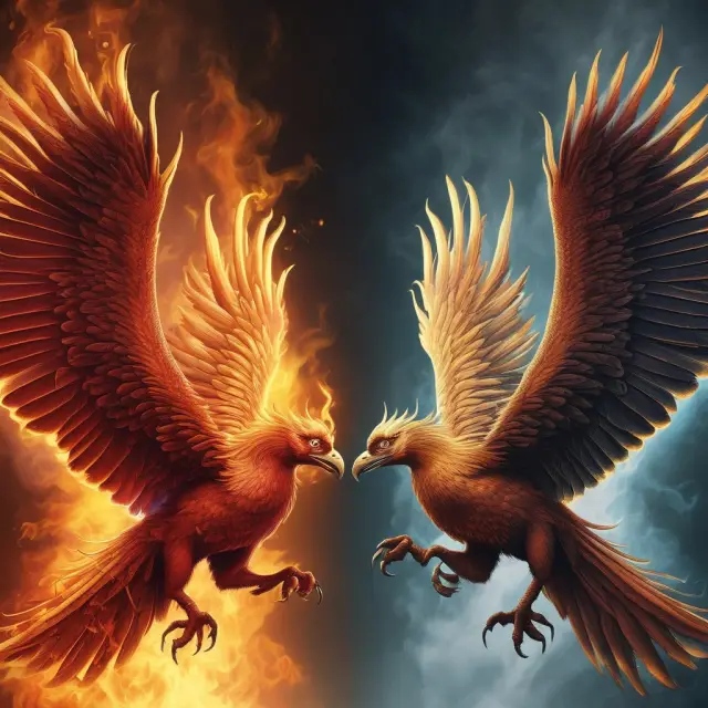 Two mythical creatures, a short-lived Phoenix with temporary wings, and an immortal Phoenix with eternal flames, symbolizing term vs. permanent life insurance choices