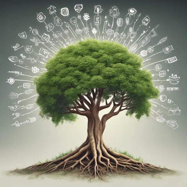 A healthy tree represents health, with age labels on its branches symbolizing the impact of age. Lifestyle choices are depicted as fruits growing or hindering the tree