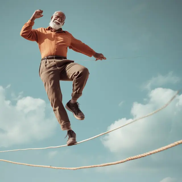 Person on a tightrope balancing a shopping bag (lifestyle) and a piggy bank (retirement savings).