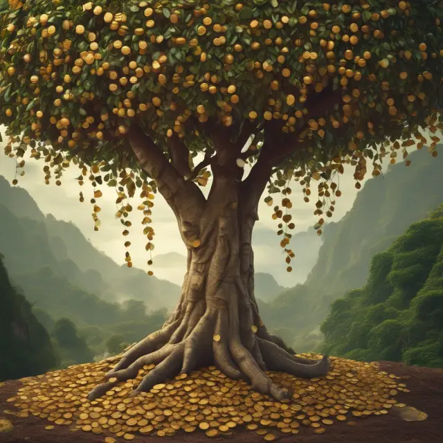 Golden coins hanging from a java tree depicting the subtle yet growing cost of daily coffee.