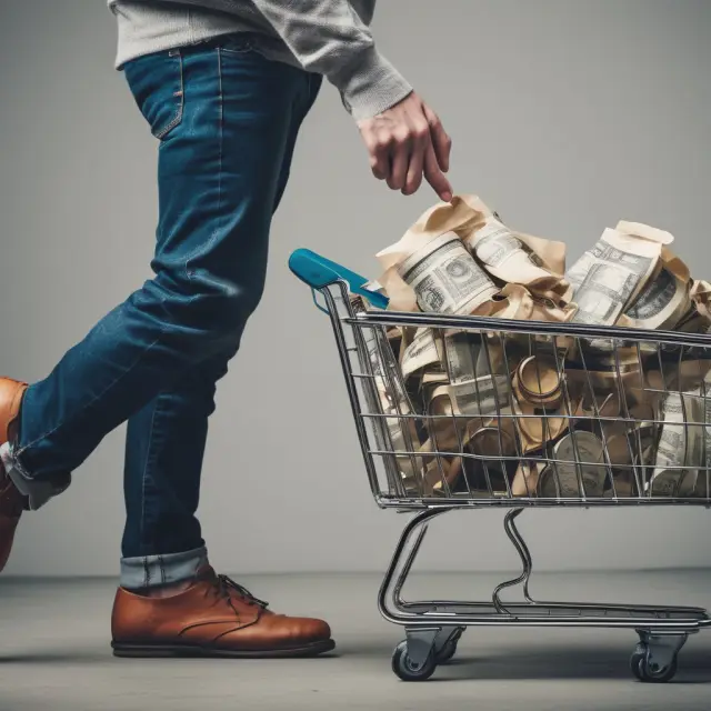Person with a jar of coins (savings) vs. shopping cart (lifestyle creep)