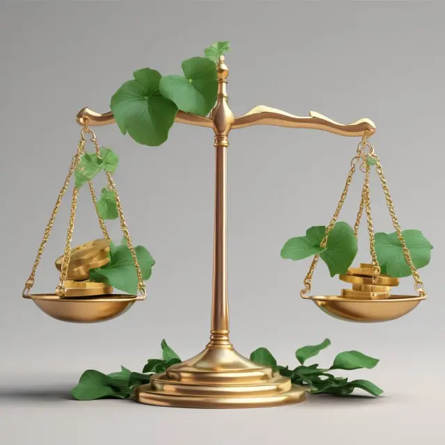 Golden scale balanced by gold coins for savings, with encroaching ivy symbolizing lifestyle creep