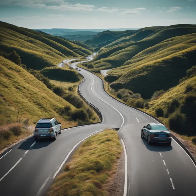 A car traveling along a winding road, symbolizing the journey of owning an asset and encountering different costs such as maintenance, upgrades, interest, and opportunity costs.