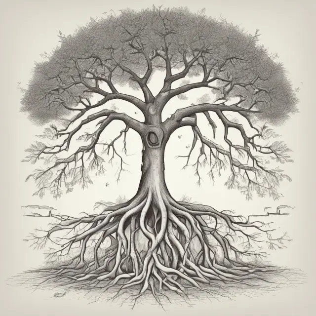 A tree with deep roots symbolizing long-term financial perspectives, its branches representing various opportunities and costs throughout the item