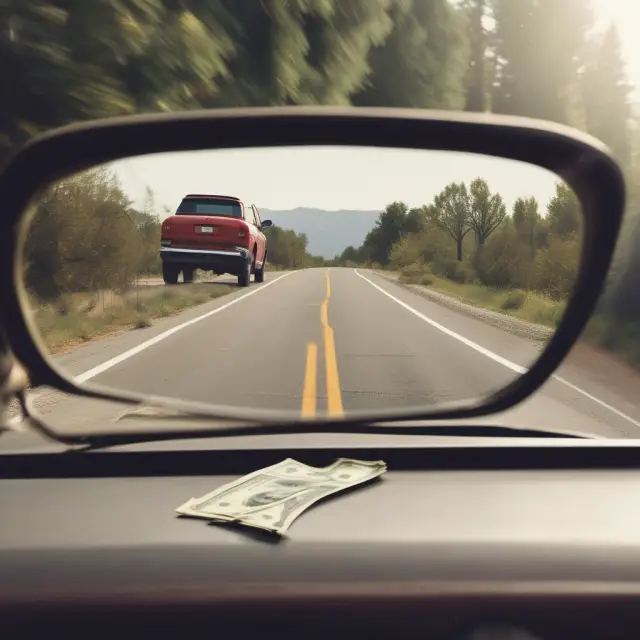 A car traveling on a winding road, with dollars representing fuel and a clock as a reminder of recurring expenses