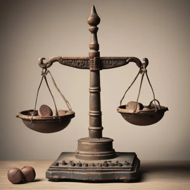 Two scales with gold weights labeled 