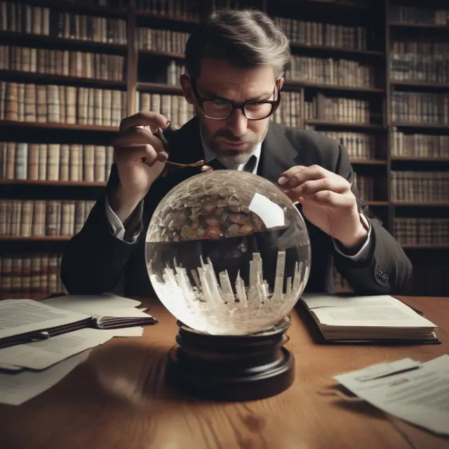 Professional investor examining LIFO method by inspecting inventory items in a crystal ball