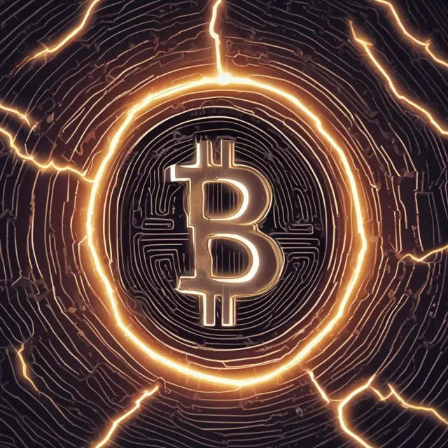 Image of a lightning bolt weaving through a maze made from interconnected bitcoins, illustrating the Lightning Network