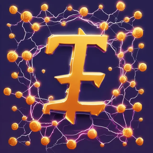 A lightning bolt connecting interlinked Bitcoin symbols, representing instant confirmations and faster transactions on the Lightning Network.