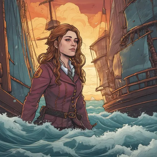Elizabeth Stark navigating a ship through rough waters, symbolizing her leadership of Lightning Labs and its mission to improve Bitcoin