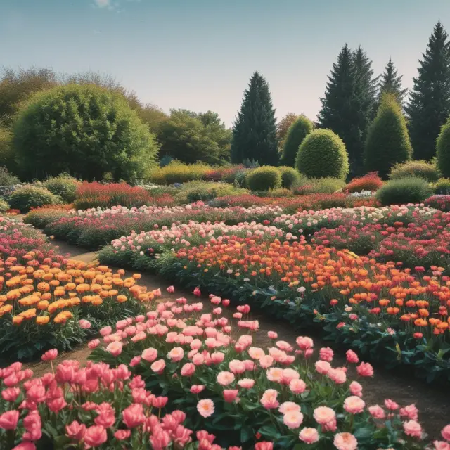 Garden filled with flowers representing financial reports; blooms symbolize quarterly comparisons and growth trends