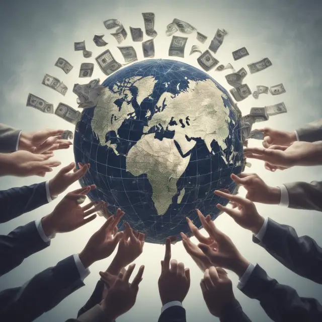 Global businesses operating on a world map with intertwined hands exchanging currency symbols to represent the significance of currency adjustments in like-for-like sales analysis