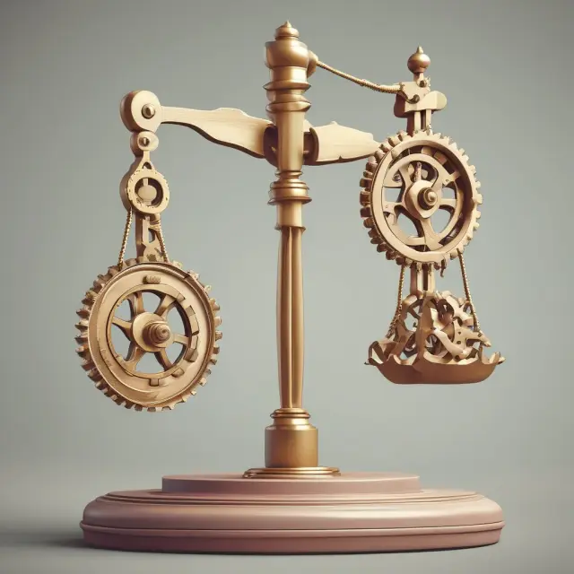 A balance scale with interlocking gears representing the Lilly Ledbetter Fair Pay Act, ensuring fair wage adjustments and equality.