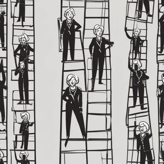 Women ascending a ladder symbolizing progress toward equal wages, guided by Equal Employment Opportunity Commission and Lilly Ledbetter Fair Pay Act.