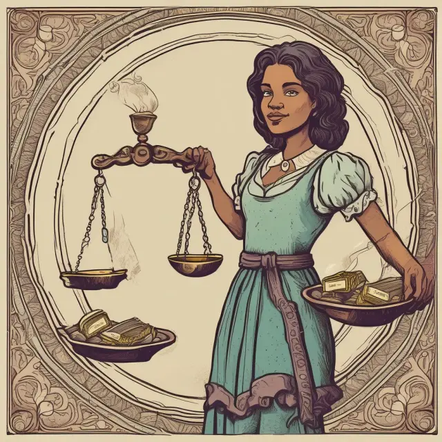 A set of scales, with one side tipped in favor of women, counterbalancing the historical wage disparity.