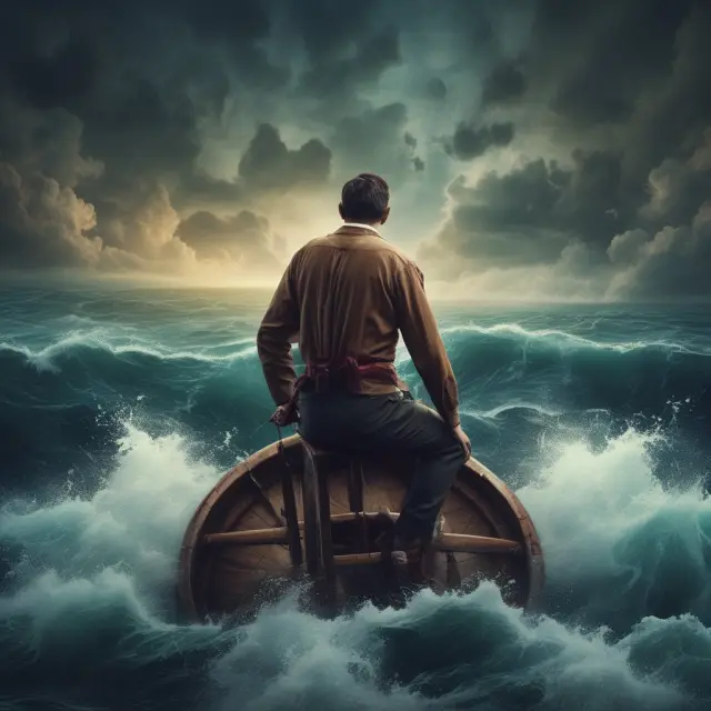 A group of investors, traders, and an exchange riding a stormy sea, symbolizing market volatility. They navigate their boats under the watchful eyes of limit down rules.