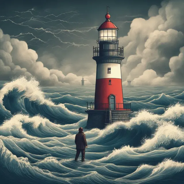 Investor braving turbulent markets with limit down strategies, symbolized as a lighthouse guiding safe passage through stormy seas