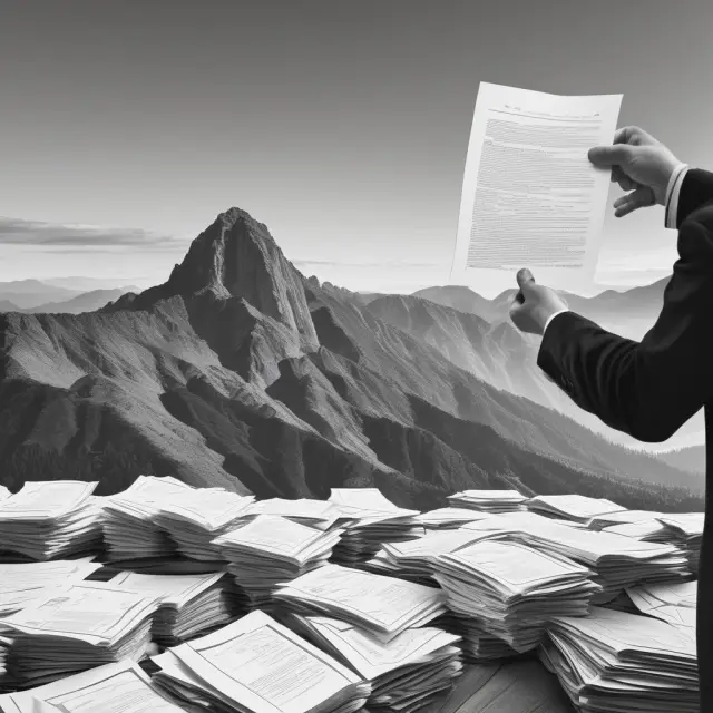 An investor presenting a signed LPOA form to a portfolio manager, surrounded by stacks of paperwork symbolizing financial management tasks