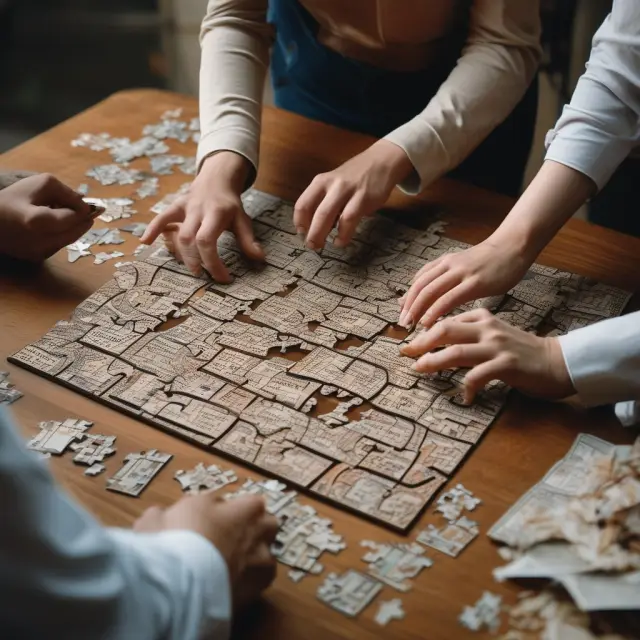 Artisan crafting an intricate puzzle depicting LLC setup stages: articles of organization, operating agreement, tax elections, and registered agent.