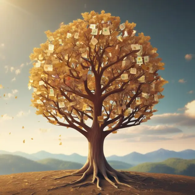 An MLP tree producing golden Limited Partnership Units, representing income growth. Tax forms fall as leaves, symbolizing tax reporting.