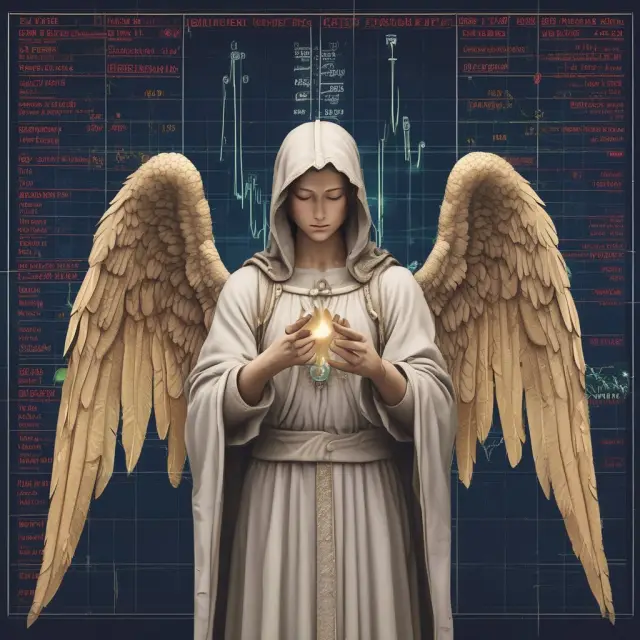 An angel with a limit order symbol shield, protecting desired trade prices in volatile markets
