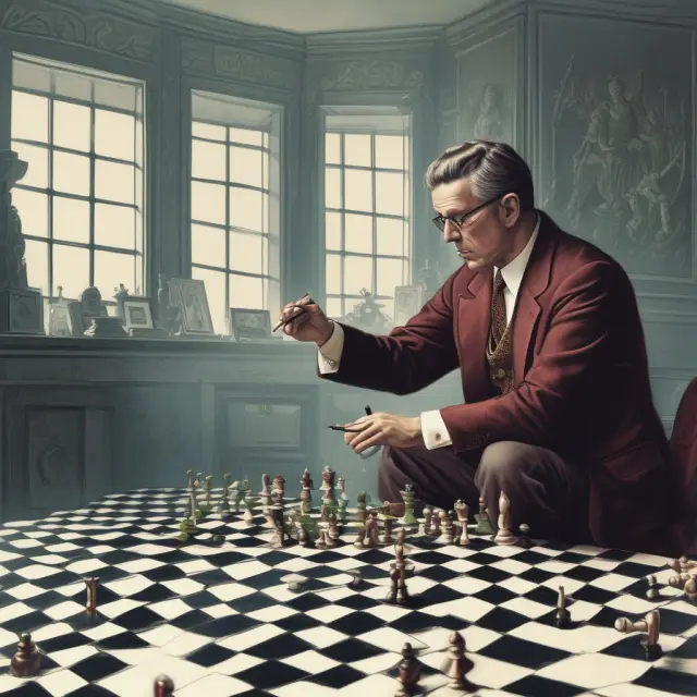 An institutional investor strategically setting up limit orders on a chessboard representing various financial markets