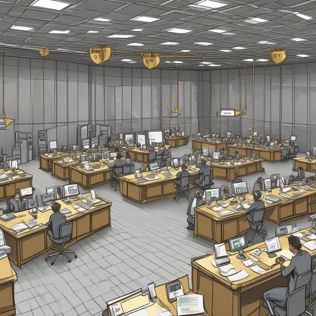 Two scales on a trading floor, one filled with gold bars labeled 