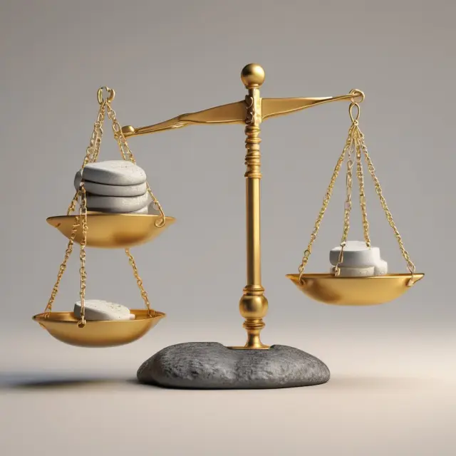 Golden coin symbolizes advantages, while a stone signifies disadvantages on a balance scale, illustrating limit order