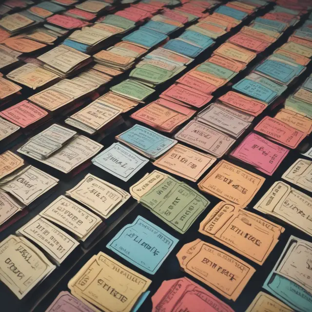 Limit orders represented by coloured tickets, each pinned at a specific price point in a marketplace.