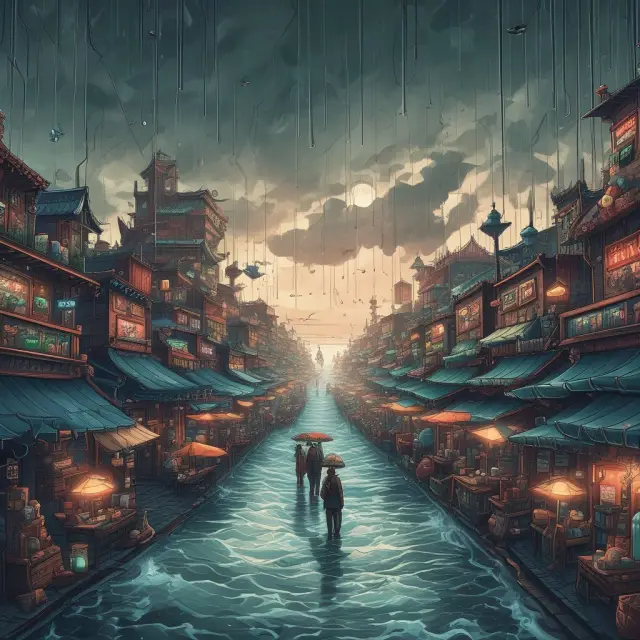 Marketplace image with limit orders as raindrops falling and calming turbulent waters