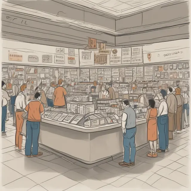 Consumers interacting at a Lindahl Equilibrium counter, trading knowledge in a fair marketplace