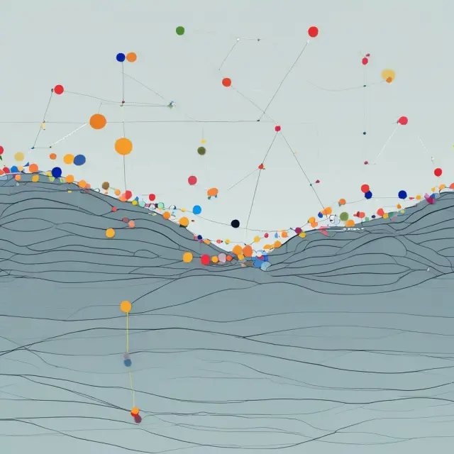 Visualization of line graph with time represented by a flowing river and individual data points depicted as vibrant pebbles connected by the stream