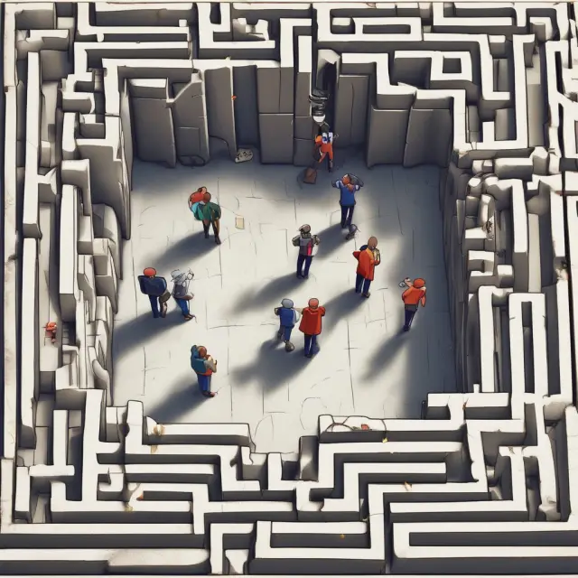 Two entities navigating a complex web of businesses, representing line of business limitations and reciprocal agreements